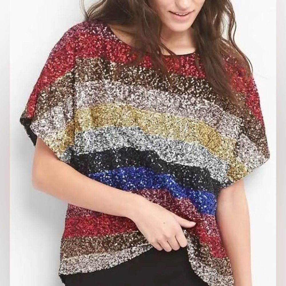 Gap Color Block Sequin Top Fully Lined Short Slee… - image 2